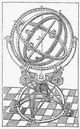 TYCHO'S EQUATORIAL ARMILLARY. (The meridian circle, E B C A D, made of solid steel, is nearly 6 ft. in diameter.)
